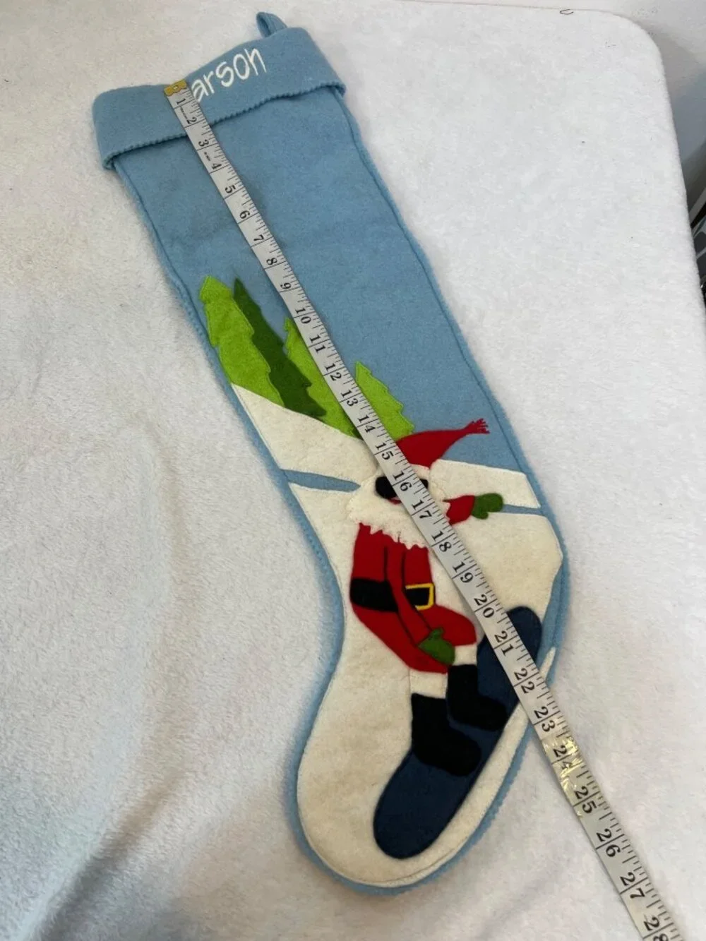 Garnet Hill Wool Christmas Stocking Light Blue Santa Snowboarding 24